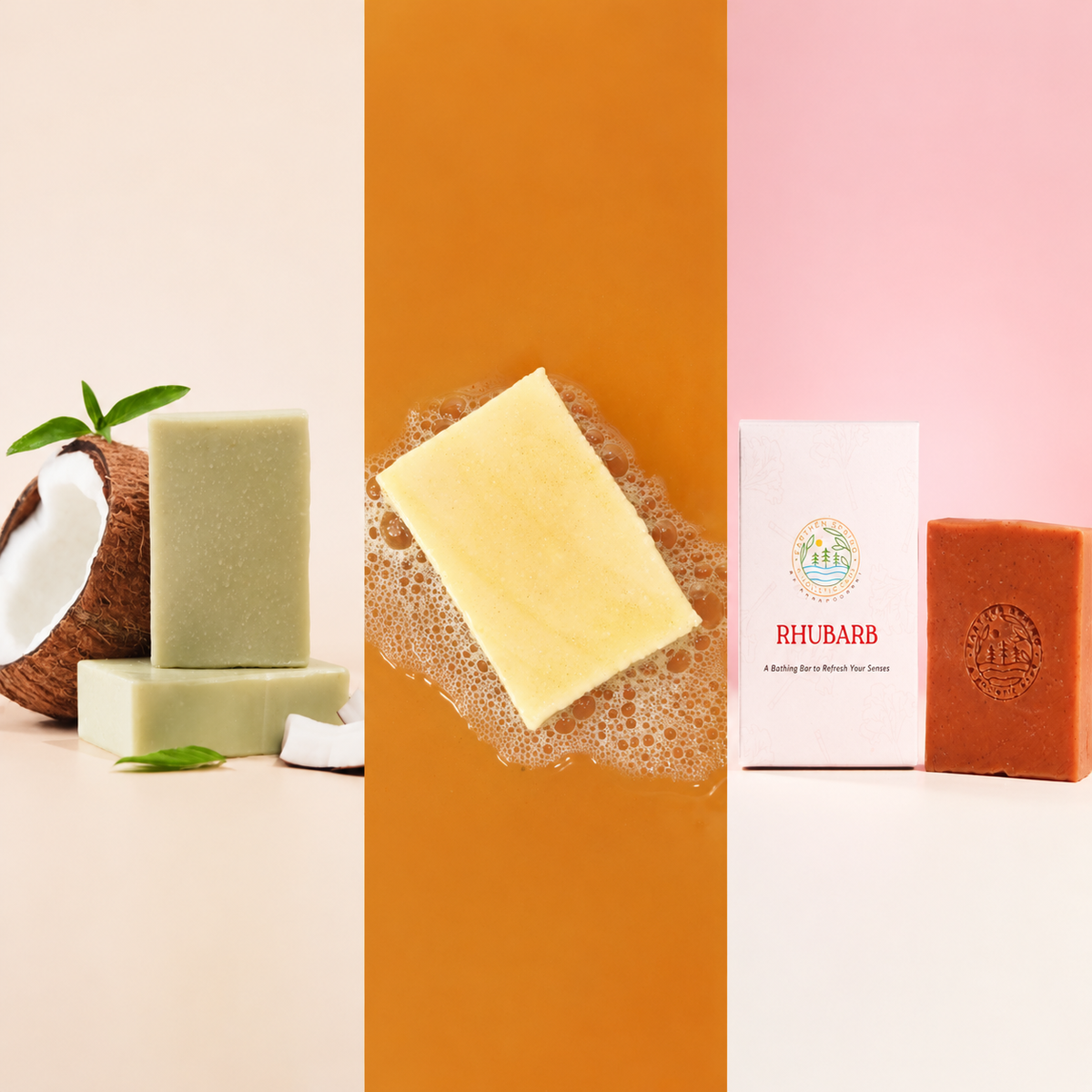 Three Adult Soaps complete combo with Basil, Turmeric and Rhubarb soaps
